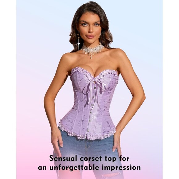 Women's Frost Purple Corset Tops Bustier Lingerie Lace Waist Push Up Bodysuit - Picture 2 of 8